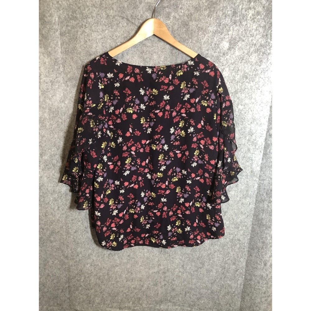 Vince Camuto Blouse Womens Large Black Floral Chiffon Flutter Sleeve Romantic